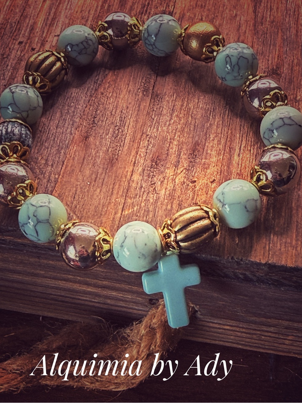 Cross charm and turquoise bronze beaded bracelet